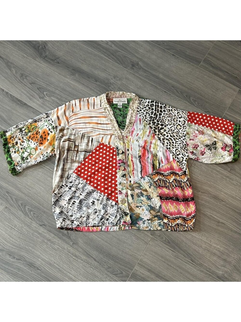 Sacred Threads Shirt Womens S Oversized Patchwork Kimono Button Front Top Boho